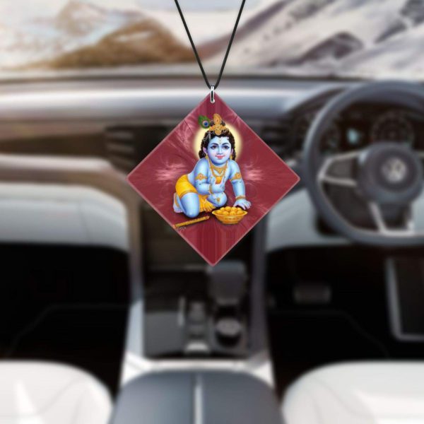 Religious Gifts Acrylic Car Hanging Accessories Lil Krishna Ladoo Printed for Good Luck Interior Decoration