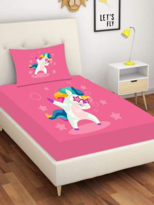 Birthday Gifts Velvet Designer Kids Swag Unicorn Printed Single Bedsheet (65x100 Inches/250CT) with 1 Matching Pillow