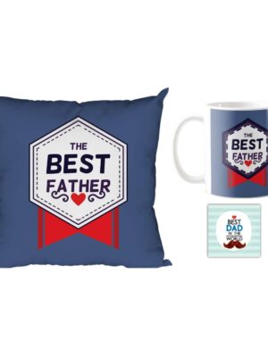 Ceramic 'The Best Father' Combo Hamper Mug, Coaster, Cushion Cover (Purple, 12x12) - Set of 3