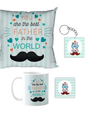 Dad You are The Best Father in The World Ceramic Mug 330ml , Coaster, Cushion Cover Combo Hamper Set of 3,