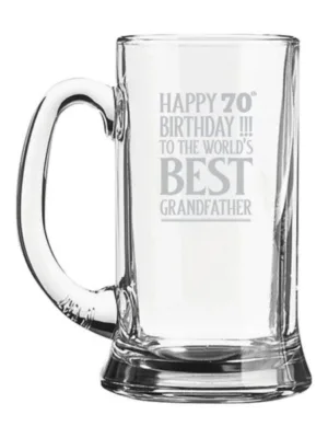 70th Birthday Gifts for Worlds Best Grandfather Engraved Beer Mug