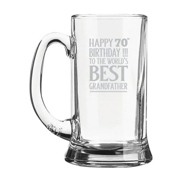 70th Birthday Gifts for Worlds Best Grandfather Engraved Beer Mug