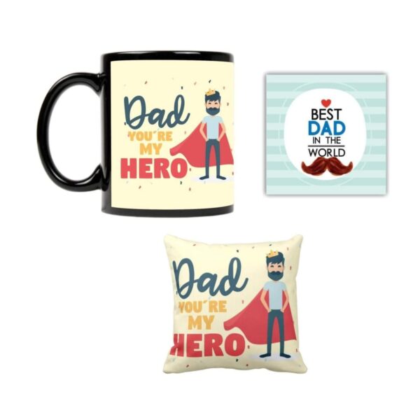 Super Dad Ceramic Mug-Coaster-Cushion Cover-Mousepad-Keychain (Off-white, 330ml) - Combo Set of 5