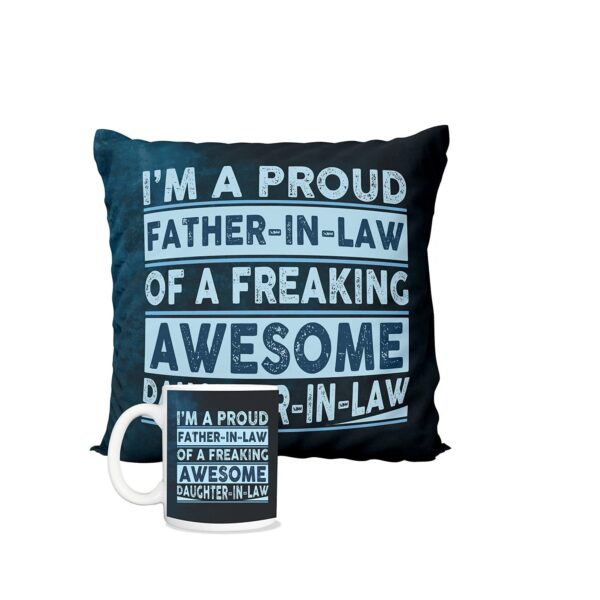 Father's Day Gifts Mug, Cushion Cover, Fridge Magnet Combo Hamper Set of 3 for The Best Father-in-Law Ever