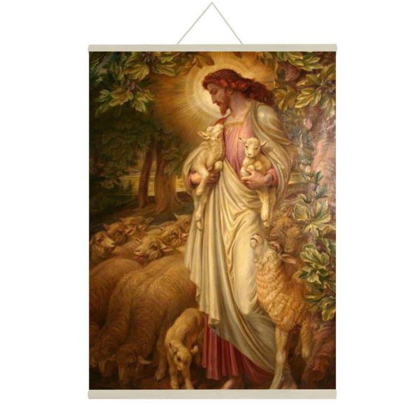 Christian Gifts for Christmas, Lord Jesus with Peaceful Sheep Wall Paintings, Hangings Canvas Scroll Poster for Home