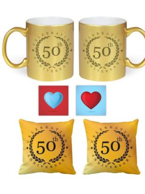 50th Anniversary for Mom Dad, Celebrating Golden Jubilee Glitter Couple Mugs Gift Hamper Set Combo of 6