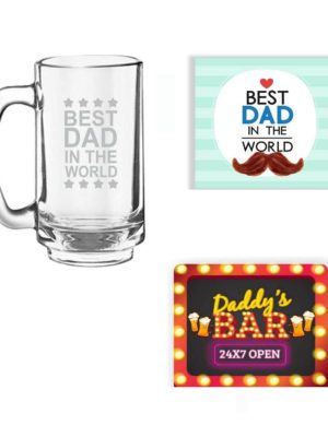 Dad The King Playboy Mug for Fathers, Set of 3 - Beer Mug, Coaster and Fridge Magnet, 610ml, Clear