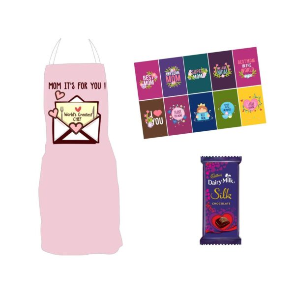 Mothers Day Gifts Apron, Set of 10 Greeting Post Card, 1 Dairy Milk Silk Chocolate (60g) Hamper set of 3 for Mom