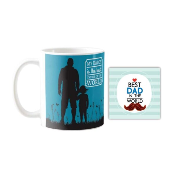 The Best Father of The World 330ml Ceramic Mug, Coaster, Cushion Cover Combo, Blue, 12x12, Set of 3