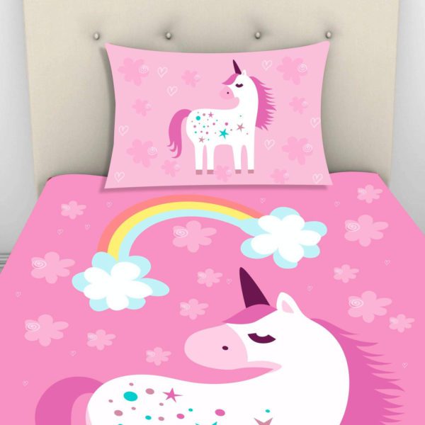 Velvet Designer Dream Unicorn Printed Single Bedsheet with 1 Matching Pillow Cover (65x100 Inches)