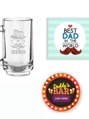 Hero Papa Dad Engraved Playboy Beer Mug for Dad for Birthday -Beer Mug, 610 ml Coaster and Fridge Magnet - Set of 3