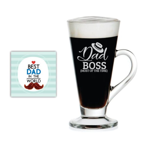 Funny Dad Boss Engraved Glass Tea Coffee Mug Cup with Coaster