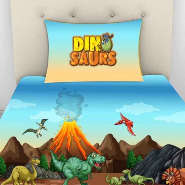 Cute Dinosaur Land Printed Velvet King Size Double Bedsheet with 2 Pillow Covers