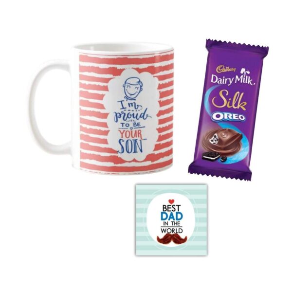 I Am Proud to Be Your Son Mug,1 Dairy Milk Silk 60 gm, with Coaster