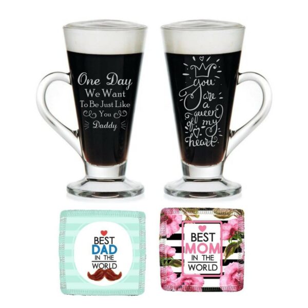 Mothers Day Just Like Mother Father Engraved Coffee Tea Cups of 2 with Coasters