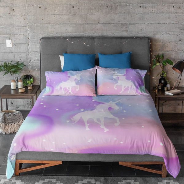 Kid's Velvet Designer Unicorn Printed Double King Size Bedsheet with 2 Matching Pillow Covers (100x100 Inches,