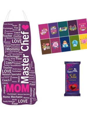 Mothers Day Gifts Apron, Set of 10 Greeting Post Card, 1 Dairy Milk Silk Chocolate (60g) Hamper set of 3 for Mom