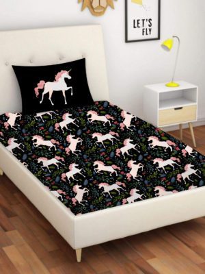 Birthday Gifts Velvet Designer Kids Magical Unicorns Printed Single Bedsheet (65x100 Inches/250CT) with 1 Matching