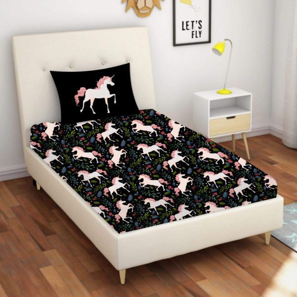 Birthday Gifts Velvet Designer Kids Magical Unicorns Printed Single Bedsheet (65x100 Inches/250CT) with 1 Matching