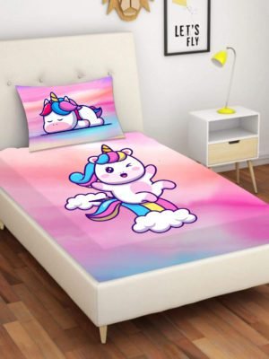 Kid's Velvet Designer Dancing Unicorn Printed Single Bedsheet with 1 Matching Pillow Cover (65x100 Inches)