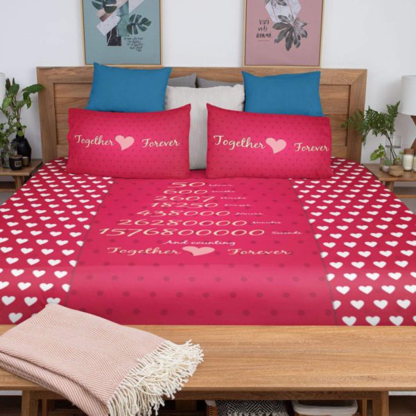 50 Years Together Forever Printed Bedsheet for Couple with 2 Pillow Covers - Pink