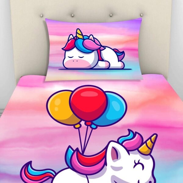 Modern Velvet Designer Kids Balloons Flying Unicorns Printed Single Bedsheet (65x100 Inches/250CT) with Matching Pillow