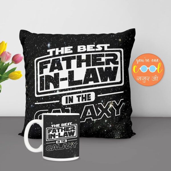 Father's Day Gifts Mug, Cushion Cover, Fridge Magnet Combo Hamper Set of 3 for The Best Father-in-Law Ever