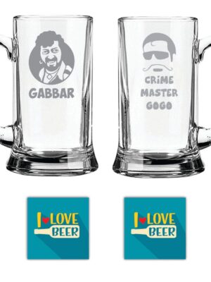 New Year Gifts, Gabbar Crime Master Gogo Hindi Engraved Beer Mugs Set of 2 with Coaster - Icon Beer 580 ml