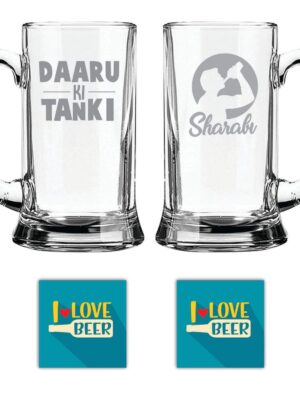 New Year Gifts, Daaru ki Tanki Sharabi Hindi Engraved Beer Mugs Set of 2 with Coaster - Icon Beer 580 ml