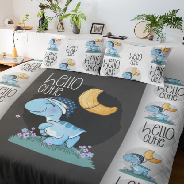 Hello Cutie Dinosaur Printed Velvet King Size Double Bedsheet with 2 Pillow Covers