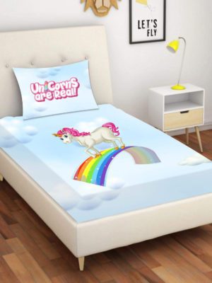 Kid's Velvet Designer Unicorns are Real Printed 250TC Single Bedsheet (65x100 Inches) with Matching Pillow Cover