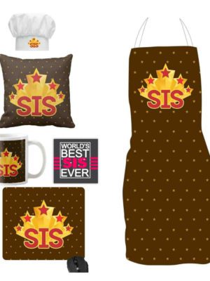 5 Star Sis Gift Hamper Set of 6 - Apron, Chef Hat, Mug, Cushion Cover, Mousepad, Coaster