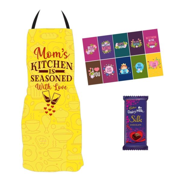 Mothers Day Gifts Apron, Set of 10 Greeting Post Card, 1 Dairy Milk Silk Chocolate (60g) Hamper set of 3 for Mom