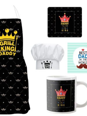 Grill  King Dad Hamper for Father Apron, Mug, Coaster, Cushion Cover, Mousepad (Black) -Set of 5