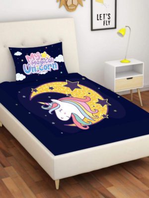 Kid's Velvet Designer My Magical Unicorn Printed Single Bedsheet with 1 Matching Pillow Cover (65x100 Inches)