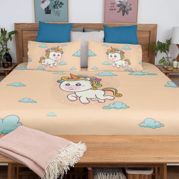 Birthday Gifts Velvet Designer Kids Cute Baby Unicorn Printed Double King Size Bedsheet (100x100 Inches/250CT) with 2