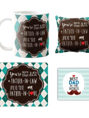 Birthday Gifts for Father in Law, Father in Love Combo Set of 5 Mug-Coaster-Cushion