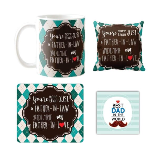 Birthday Gifts for Father in Law, Father in Love Combo Set of 5 Mug-Coaster-Cushion