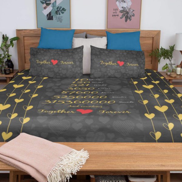 10 Years Together Forever Printed Bedsheet for Couple with 2 Pillow Covers - Black