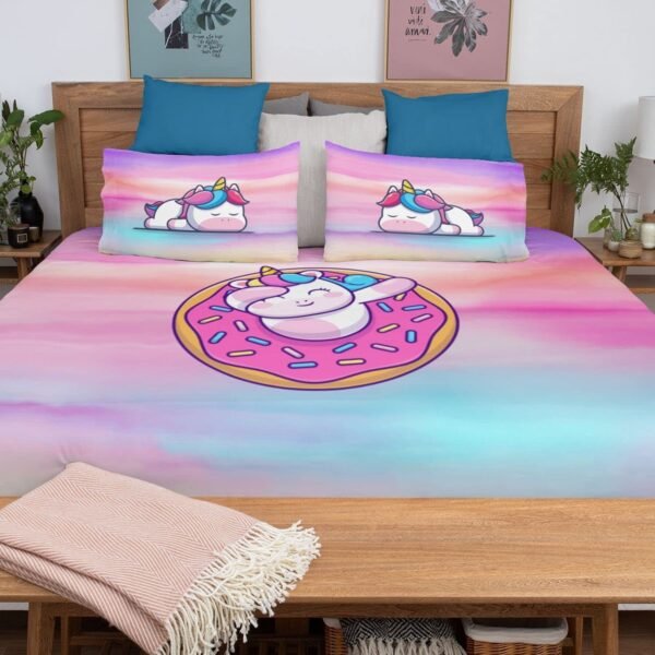 Birthday Gifts Velvet Designer Kids Donut Unicorn Printed Double King Size Bedsheet (100x100 Inches/250CT) with 2