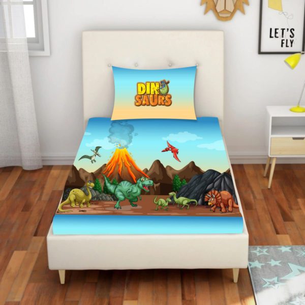 Cute Dinosaur with Unicorn Printed Velvet King Size Double Bedsheet with 2 Pillow Covers