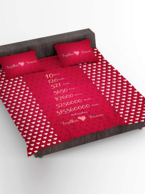 10 Years Together Forever Printed Bedsheet for Couple with 2 Pillow Covers - Red