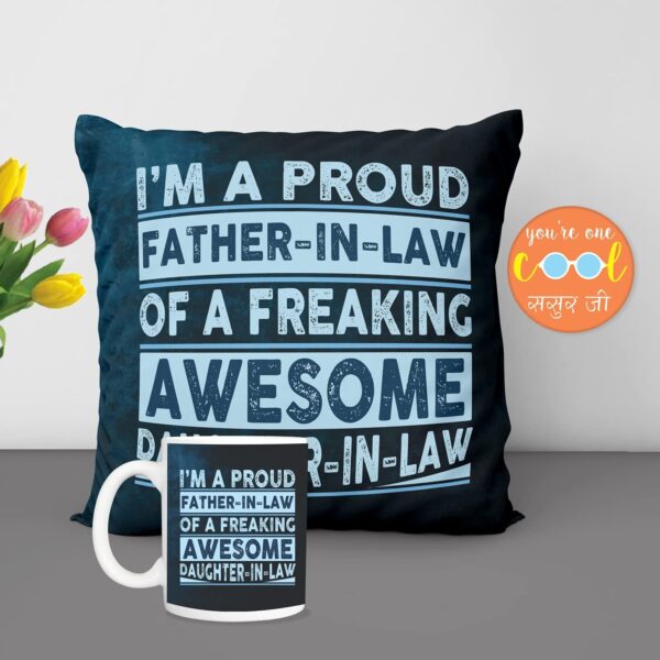 Father's Day Gifts Mug, Cushion Cover, Fridge Magnet Combo Hamper Set of 3 for The Best Father-in-Law Ever