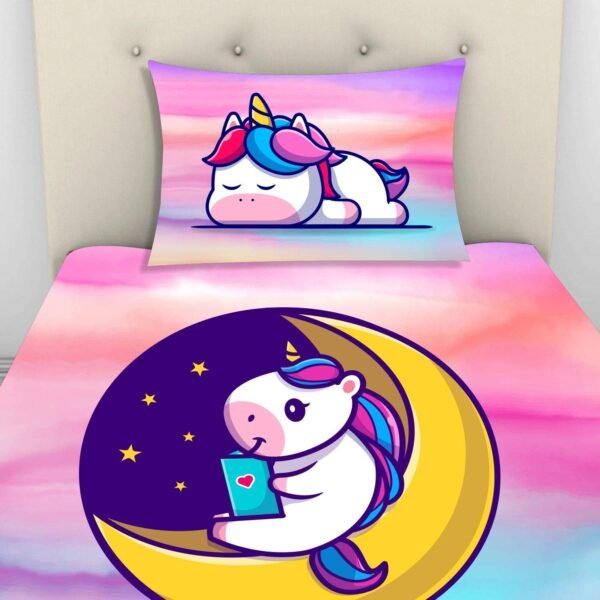 Birthday Gifts Velvet Designer Kids Star Moon Unicorn Printed Single Bedsheet (65x100 Inches/250CT) with 1 Matching