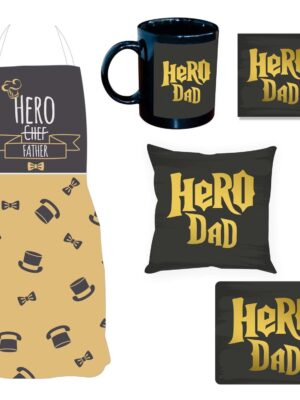 Hero Dad Hamper for Father Set of 5 - Apron, Mug, Coaster, Cushion Cover, Mousepad