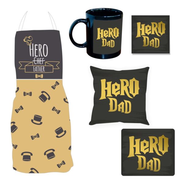 Hero Dad Hamper for Father Set of 5 - Apron, Mug, Coaster, Cushion Cover, Mousepad