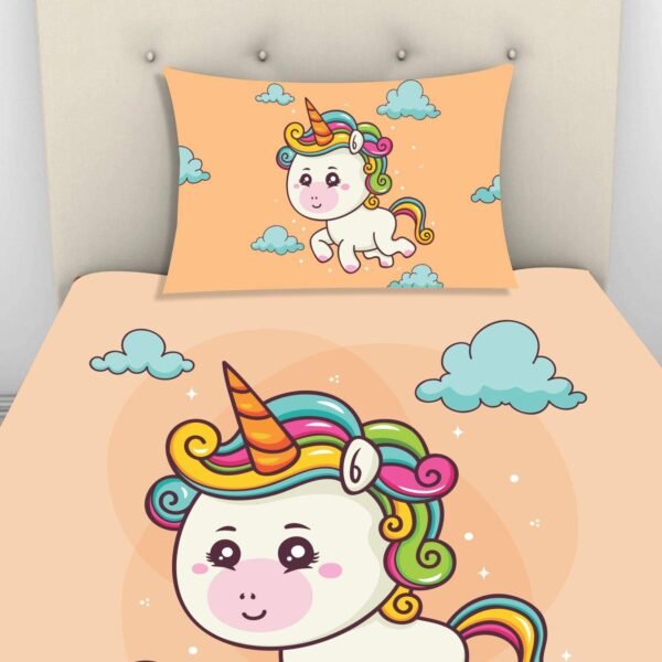 Birthday Gifts Velvet Designer Kids Cute Baby Unicorn Printed Single Bedsheet (65x100 Inches/250CT) with 1 Matching