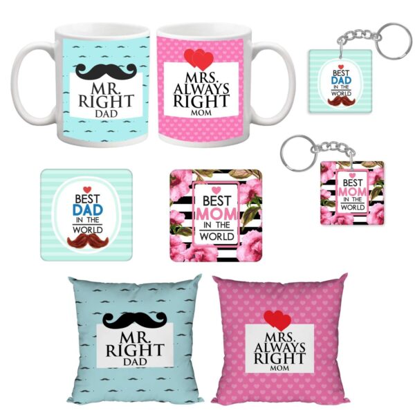 Birthday Gifts for Father 330 ml Mr Right Mrs Always Right Mom Dad Mug with 12x12 inches Cushion Cover,