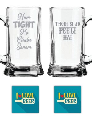 New Year Gifts, Hum Tight Ho Chuke Sanam Thodi si Jo Pee Li Hai Hindi Engraved Beer Mugs Set of 2 with