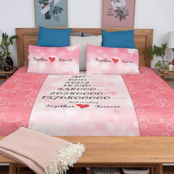 50 Years Together Forever Printed Bedsheet for Couple with 2 Pillow Covers - Pink